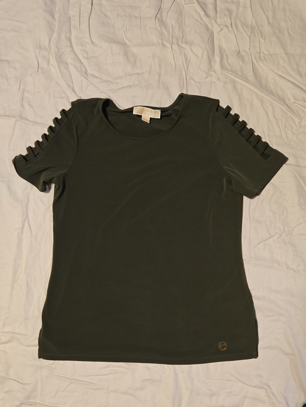 Women's Green Short Sleeve Top with Ladder Sleeve Detail - Michael Kors